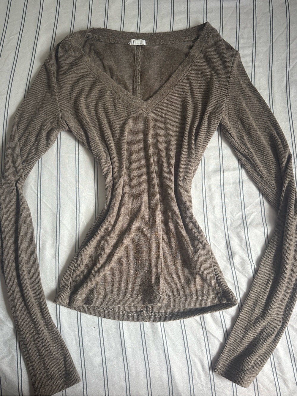 Garage Brown V-Neck Long Sleeve Ribbed Top